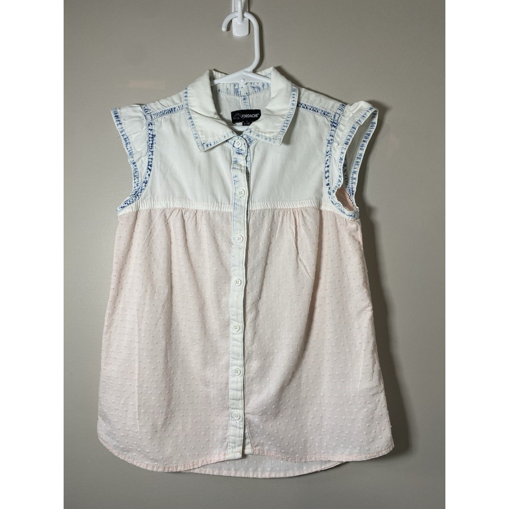 Jordache Vtg Button Front Top Girls 10-12 Denim & Swiss Dot Cap Sleeve Button Up